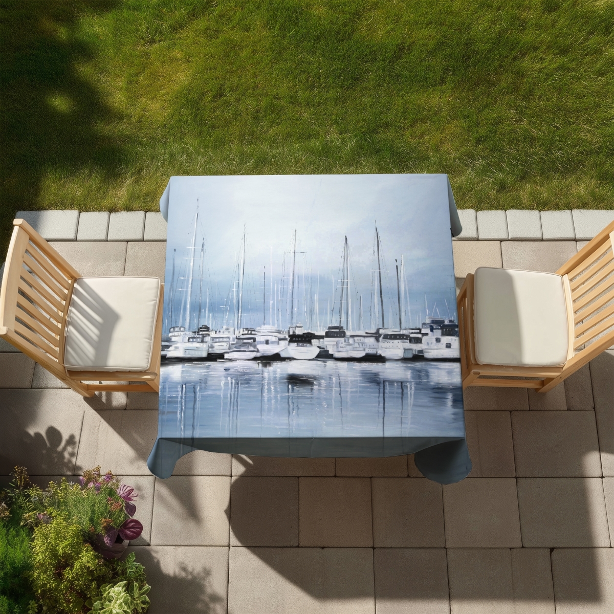 Picture of Begin Home Decor C1TC5858JLHXP7 58 x 58 in. Coastal Blue Tablecloth - Boats at the Dock 2 - Home Decor