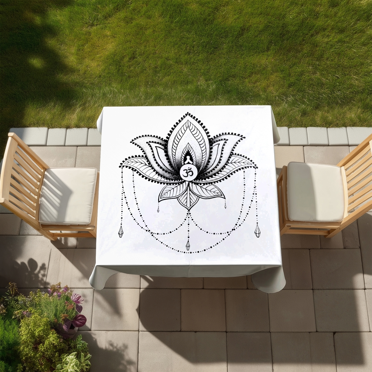 Picture of Begin Home Decor C1TC58584YWYDN 58 x 58 in. Ethnic Lotus Tablecloth - Black & White - Indoor & Outdoor Decor
