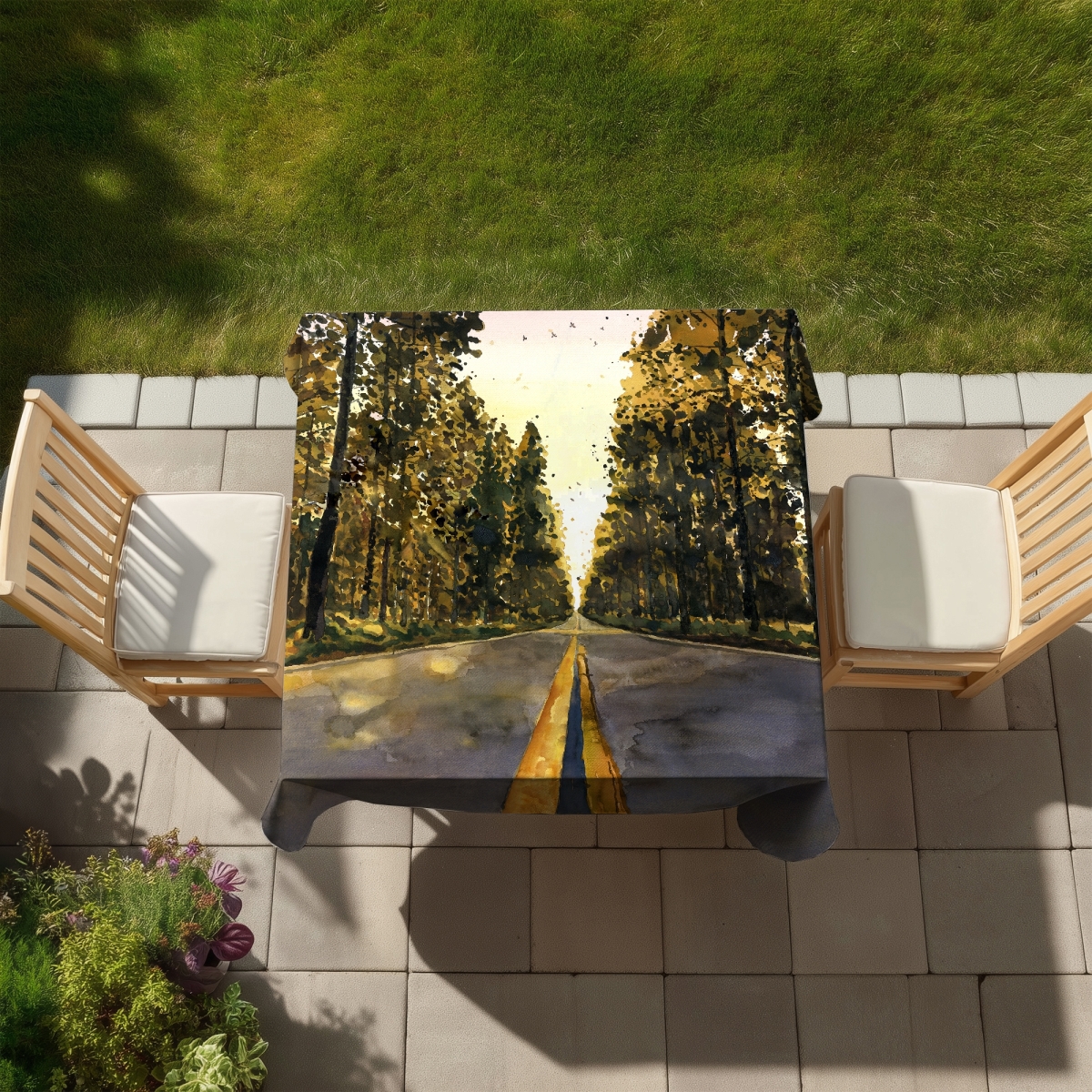 Picture of Begin Home Decor C1TC58584XKMK8 58 x 58 in. Yellow Trees Tablecloth - Long Road Design for Home Decor