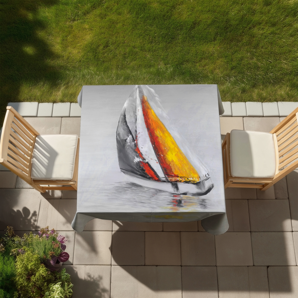 Picture of Begin Home Decor C1TC5858ZFKKRD 58 x 58 in. Blue Boat Tablecloth - Two Colors Sailing Boat - Home Decor