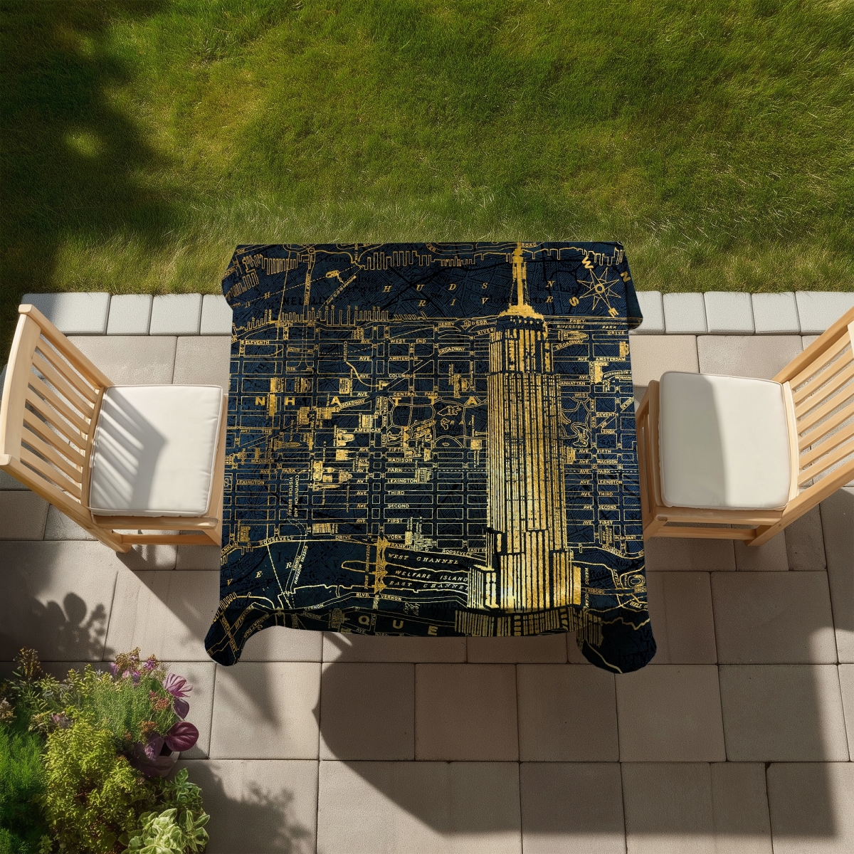 Picture of Begin Home Decor C1TC5858OFRBY7 58 x 58 in. Gold City Blue Print Tablecloth - Indoor & Outdoor Home Decor