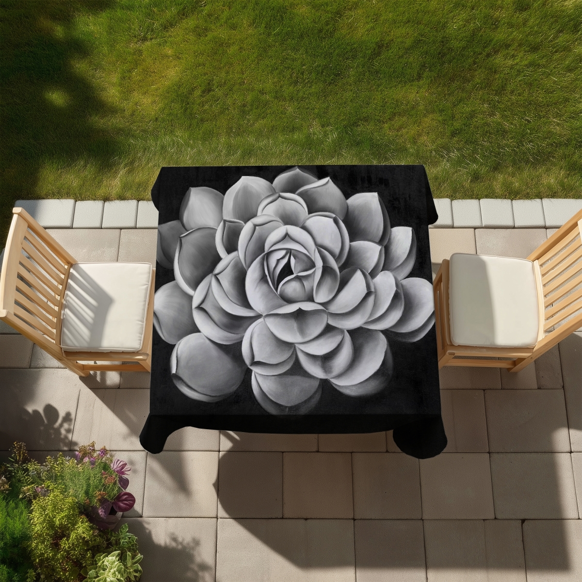 Picture of Begin Home Decor C1TC5858MATXB1 58 x 58 in. White Floral Tablecloth - Black & White Succulent Decor