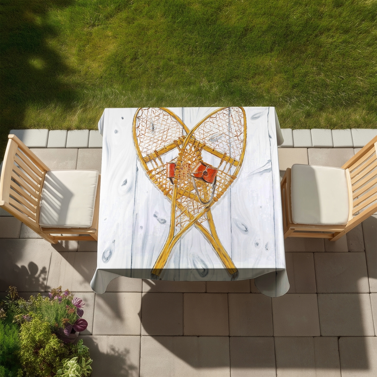 Picture of Begin Home Decor C1TC5858L2OY61 58 x 58 in. Vintage Wood Snowshoes Tablecloth - Rustic Gray Indoor & Outdoor