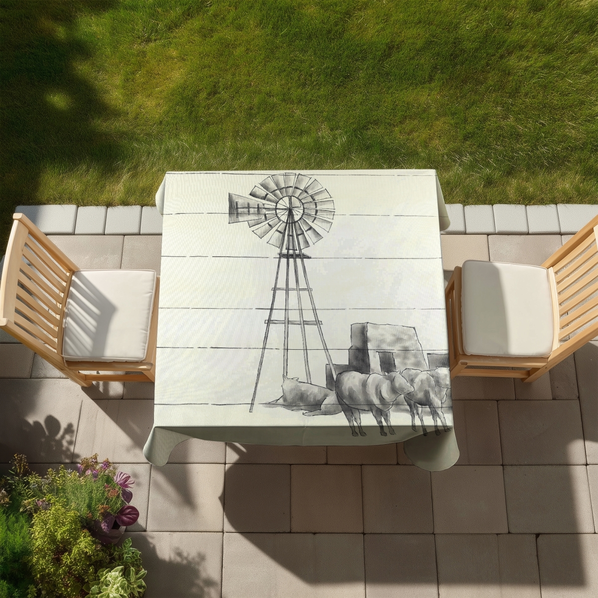 Picture of Begin Home Decor C1TC58582YXXRN 58 x 58 in. Farm Animals Rustic Tablecloth - Vintage Old Texas Windmill