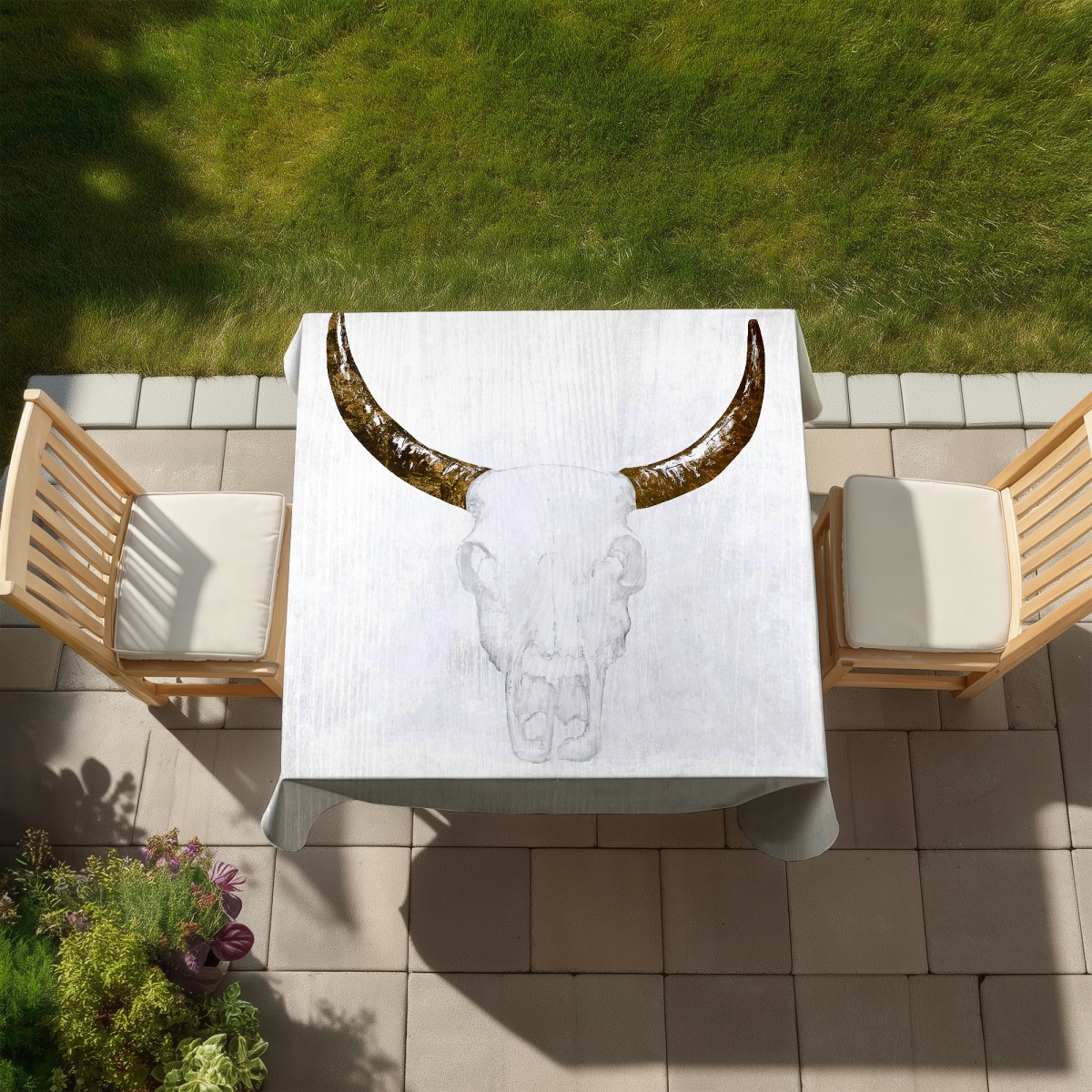 Picture of Begin Home Decor C1TC58588SAC9B 58 x 58 in. Bull Skull Tablecloth - White Minimalist Indoor & Outdoor Decor