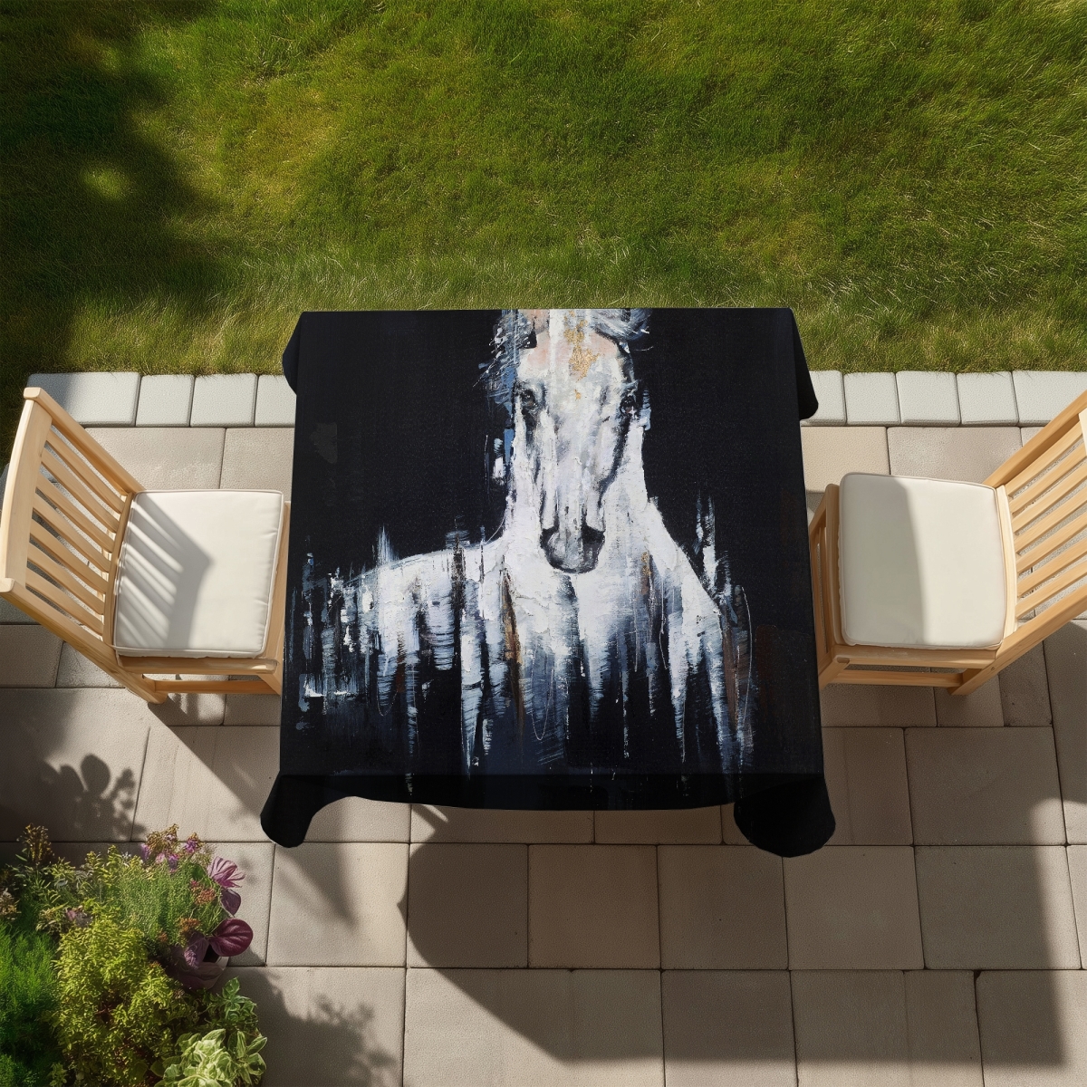Picture of Begin Home Decor C1TC585830NFRO 58 x 58 in. Abstract White Horse Tablecloth - Indoor & Outdoor Home Decor