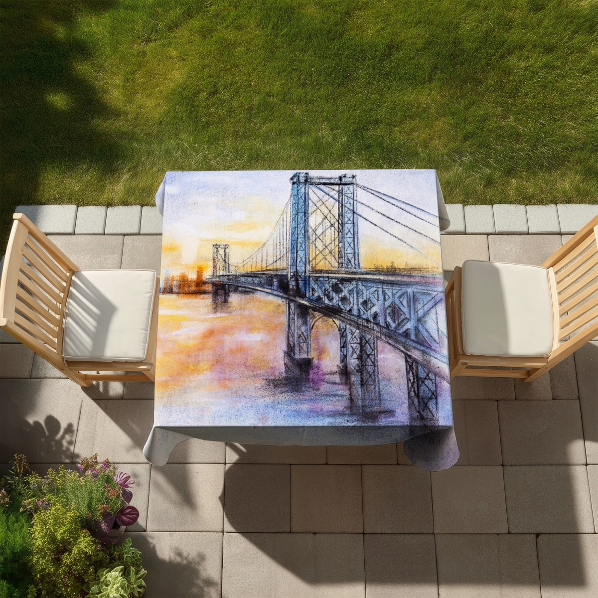 Picture of Begin Home Decor C1TC585817KBRQ 58 x 58 in. Abstract Brooklyn Bridge Tablecloth - Indoor & Outdoor Decor