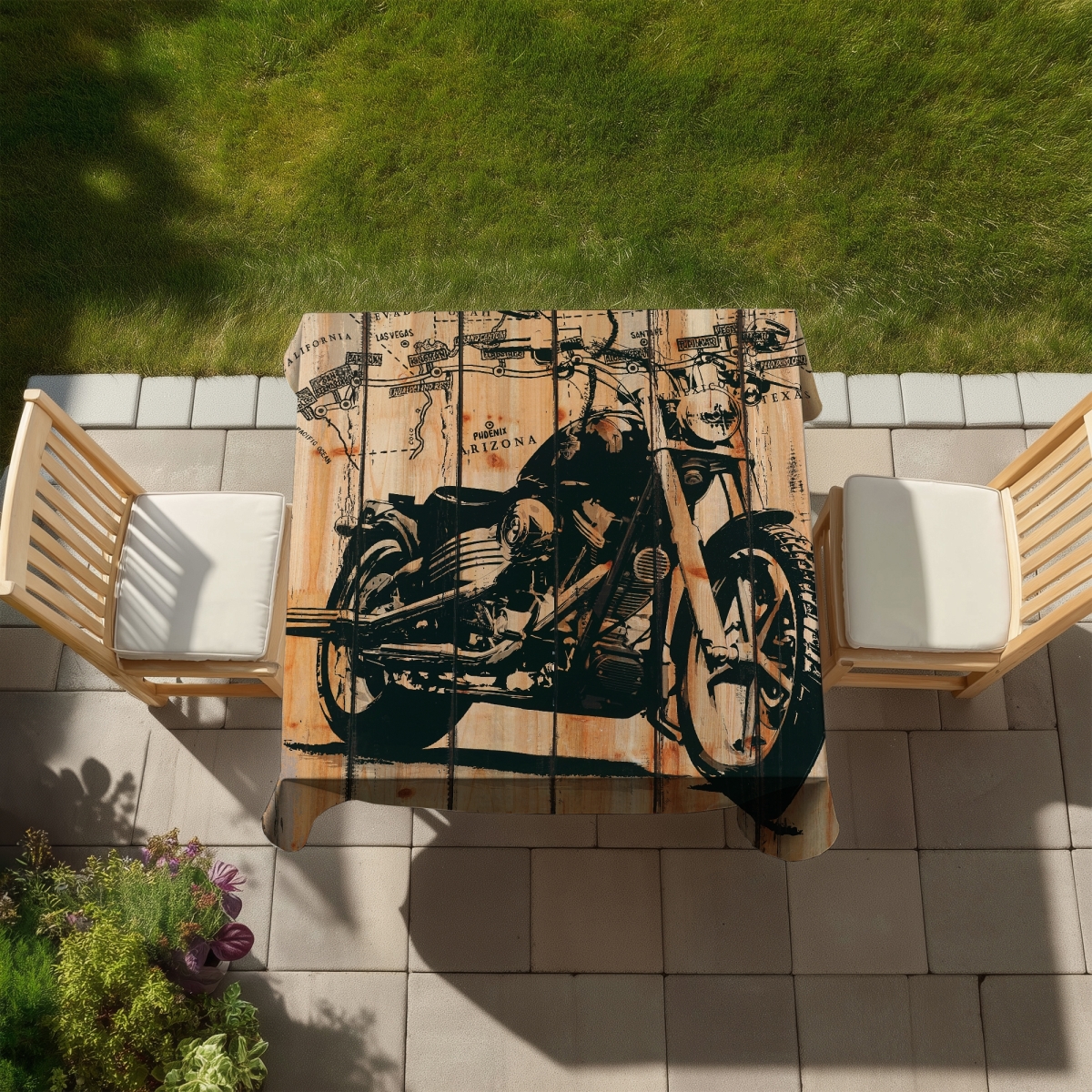 Picture of Begin Home Decor C1TC585861OT94 58 x 58 in. Motorcycle Wood Background Tablecloth - Indoor & Outdoor Decor