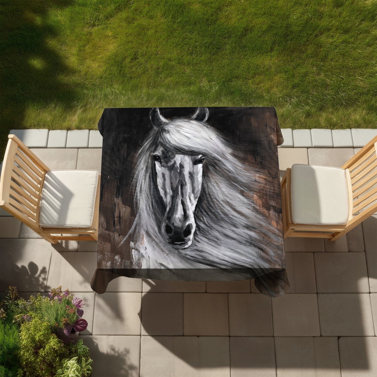 Picture of Begin Home Decor C1TC5858H77WMM 58 x 58 in. White Horse Tablecloth - Indoor & Outdoor Home Decor Table Cover