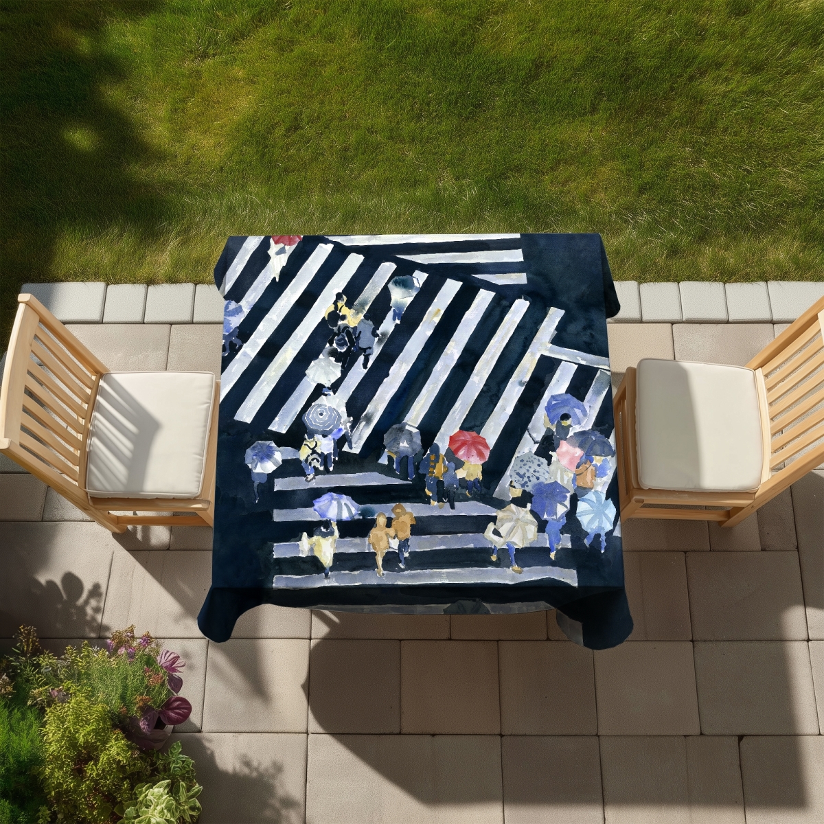 Picture of Begin Home Decor C1TC5858JA51F6 58 x 58 in. Main Street Blue Woman Tablecloth - Indoor & Outdoor Decor