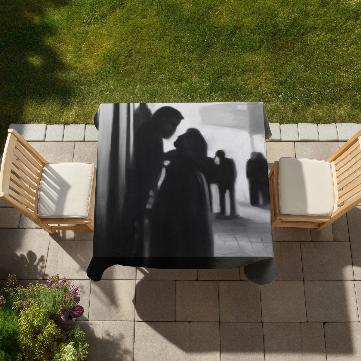 Picture of Begin Home Decor C1TC585849DFGD 58 x 58 in. Monochrome Figurative Tablecloth - Couple at the Train Station