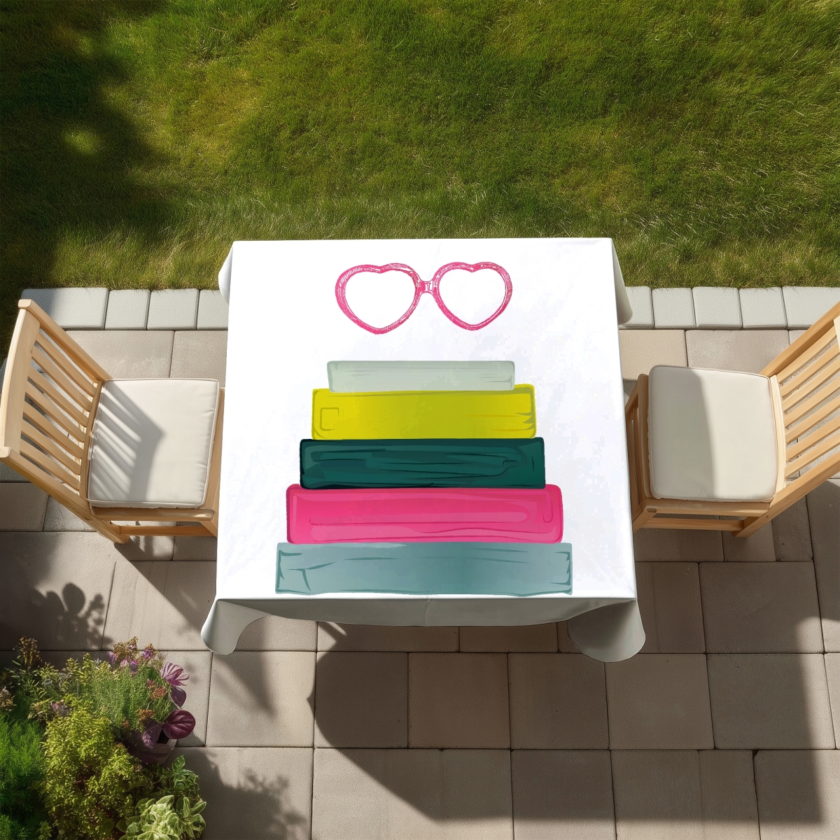 Picture of Begin Home Decor C1TC5858KO24FH 58 x 58 in. Yellow Heart Shape Glasses & Books Tablecloth - Home Decor