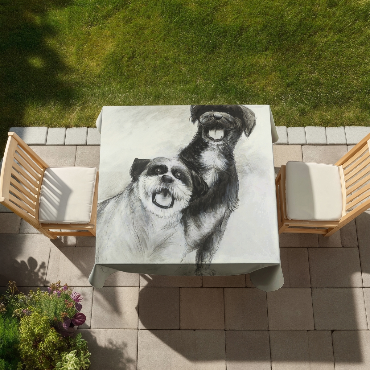 Picture of Begin Home Decor C1TC58586C074D 58 x 58 in. Happy Dogs Sketch Tablecloth - Indoor Outdoor Home Decor