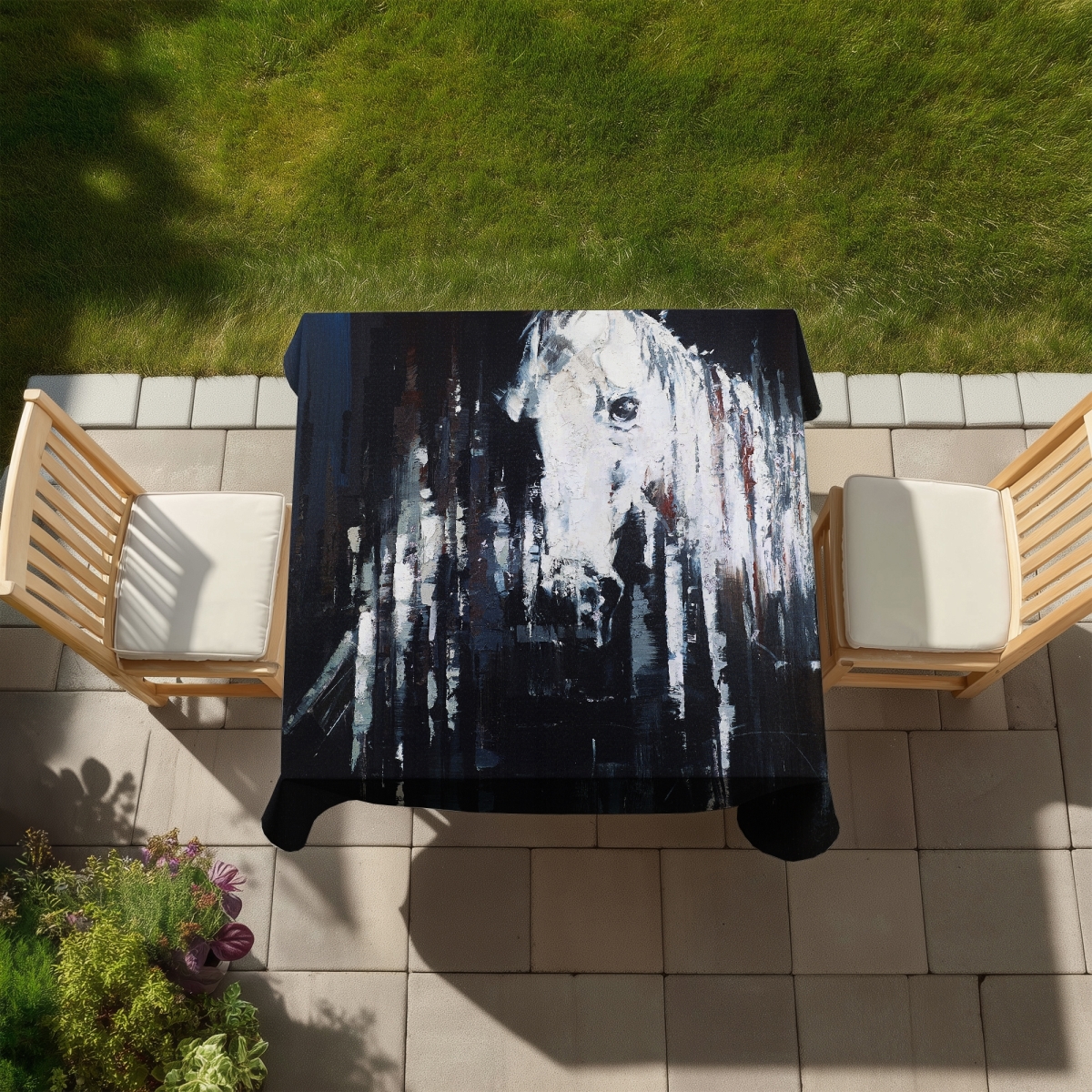 Picture of Begin Home Decor C1TC5858GY937M 58 x 58 in. Abstract Horse Tablecloth - Blue Farm Animals Decor - Indoor & Outdoor