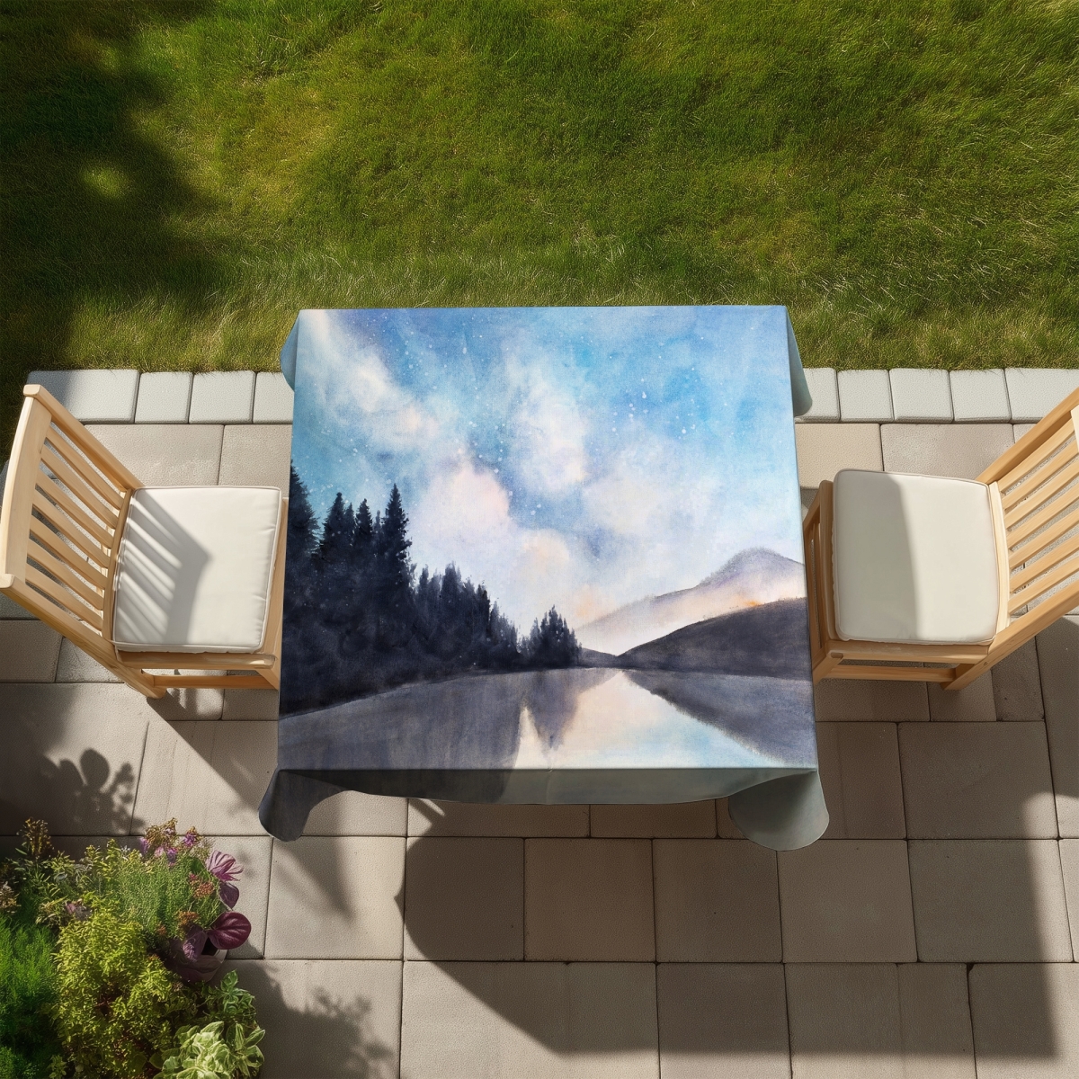 Picture of Begin Home Decor C1TC5858010JU5 58 x 58 in. Lakeview by Night Blue Tablecloth - Indoor & Outdoor Home Decor