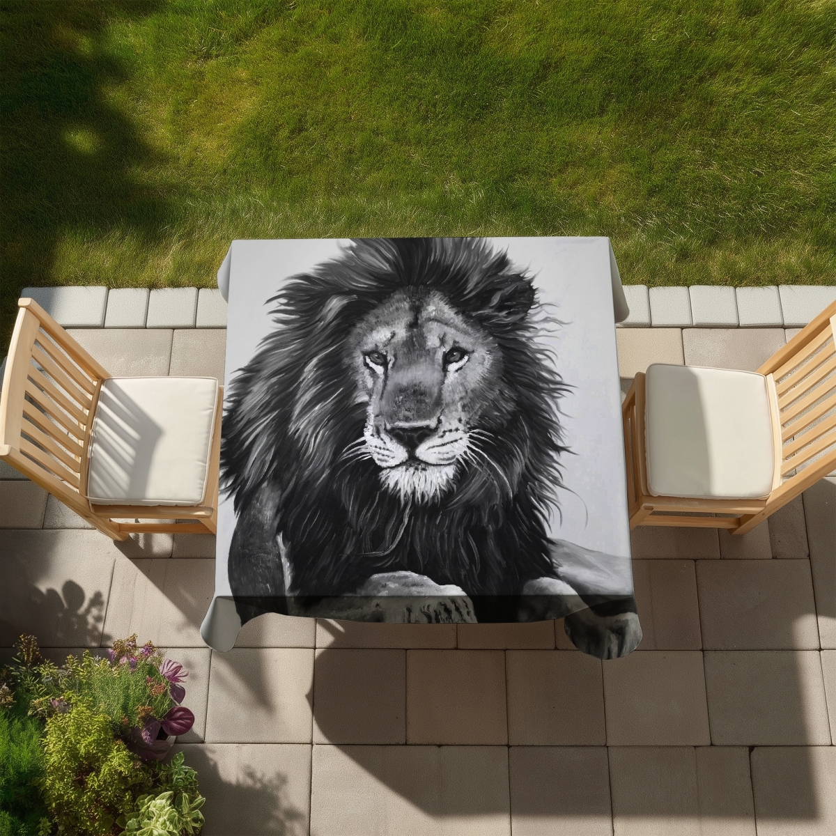 Picture of Begin Home Decor C1TC5858SQNP8Y 58 x 58 in. Lion King Bedroom Tablecloth - Monochrome Feline Home Decor