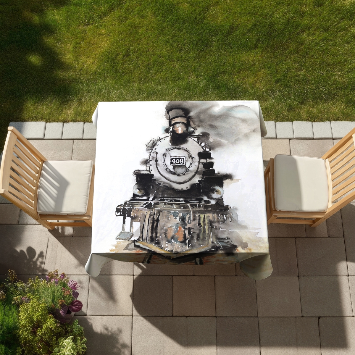 Picture of Begin Home Decor C1TC58583U3G27 58 x 58 in. Vintage Train Sepia Gray Tablecloth - Indoor & Outdoor Decor