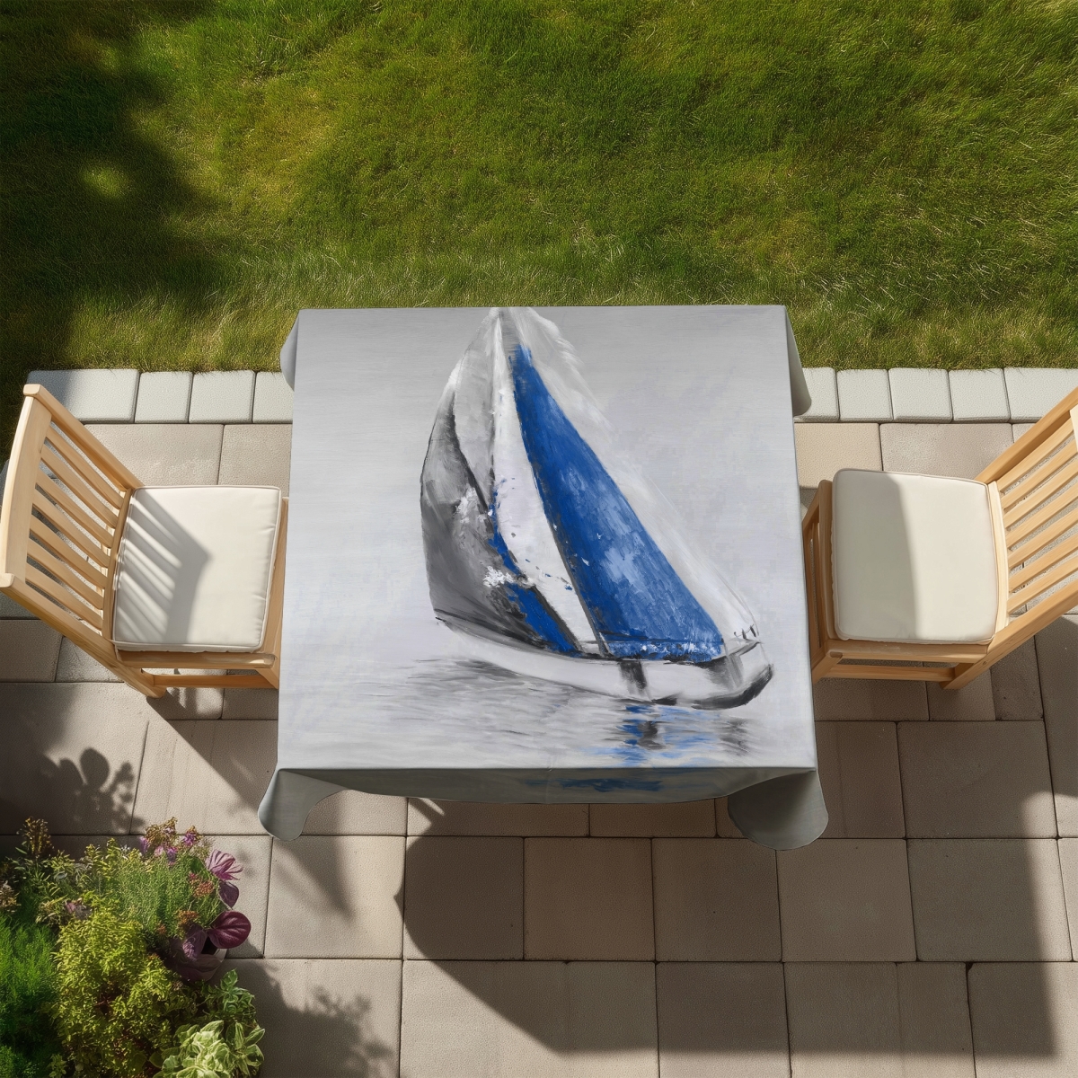 Picture of Begin Home Decor C1TC5858LC3PG1 58 x 58 in. Gray & Blue Boat Sailing Tablecloth - Indoor Outdoor Decor