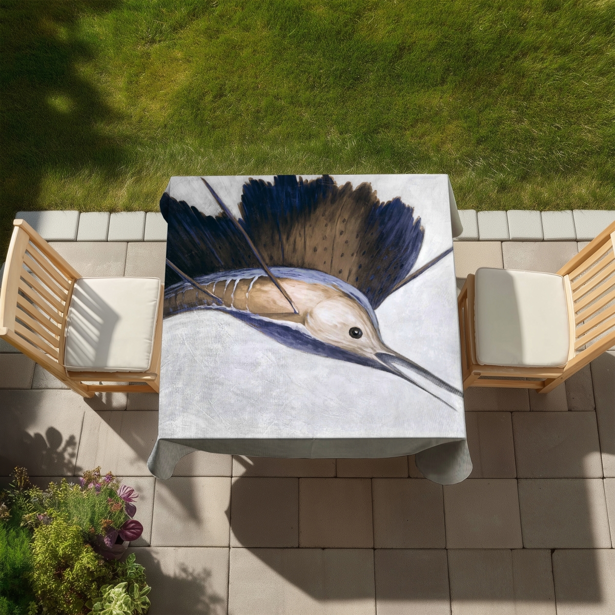 Picture of Begin Home Decor C1TC5858U72G77 58 x 58 in. Abstract Swordfish Sea Blue Tablecloth - Indoor & Outdoor Decor