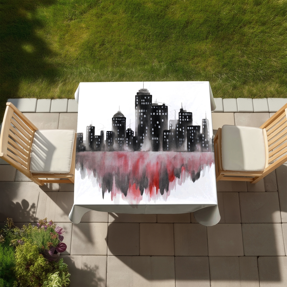 Picture of Begin Home Decor C1TC5858ZHQ7SA 58 x 58 in. Red Watercolor Cityscape Tablecloth - Indoor & Outdoor Decor