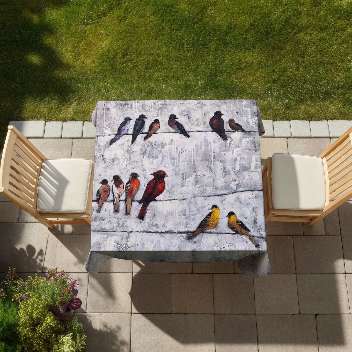 Picture of Begin Home Decor C1TC5858ARE9CE 58 x 58 in. Colorful Birds Tablecloth - Blue Indoor & Outdoor Home Decor