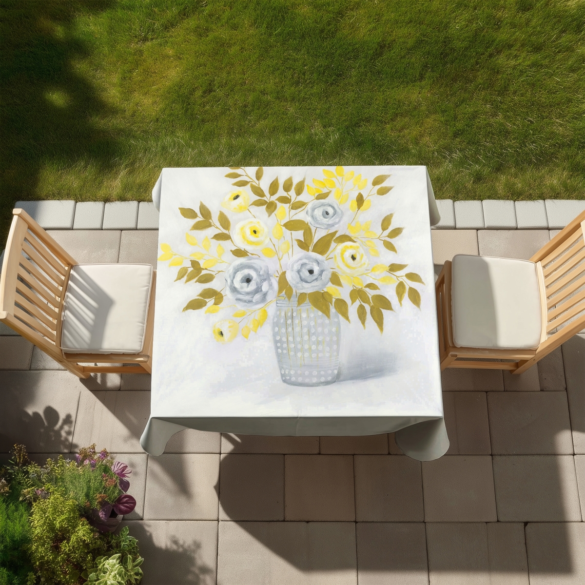 Picture of Begin Home Decor C1TC5858A0DMTG 58 x 58 in. Botanical Gray Tablecloth - Blue & Yellow Floral Home Decor