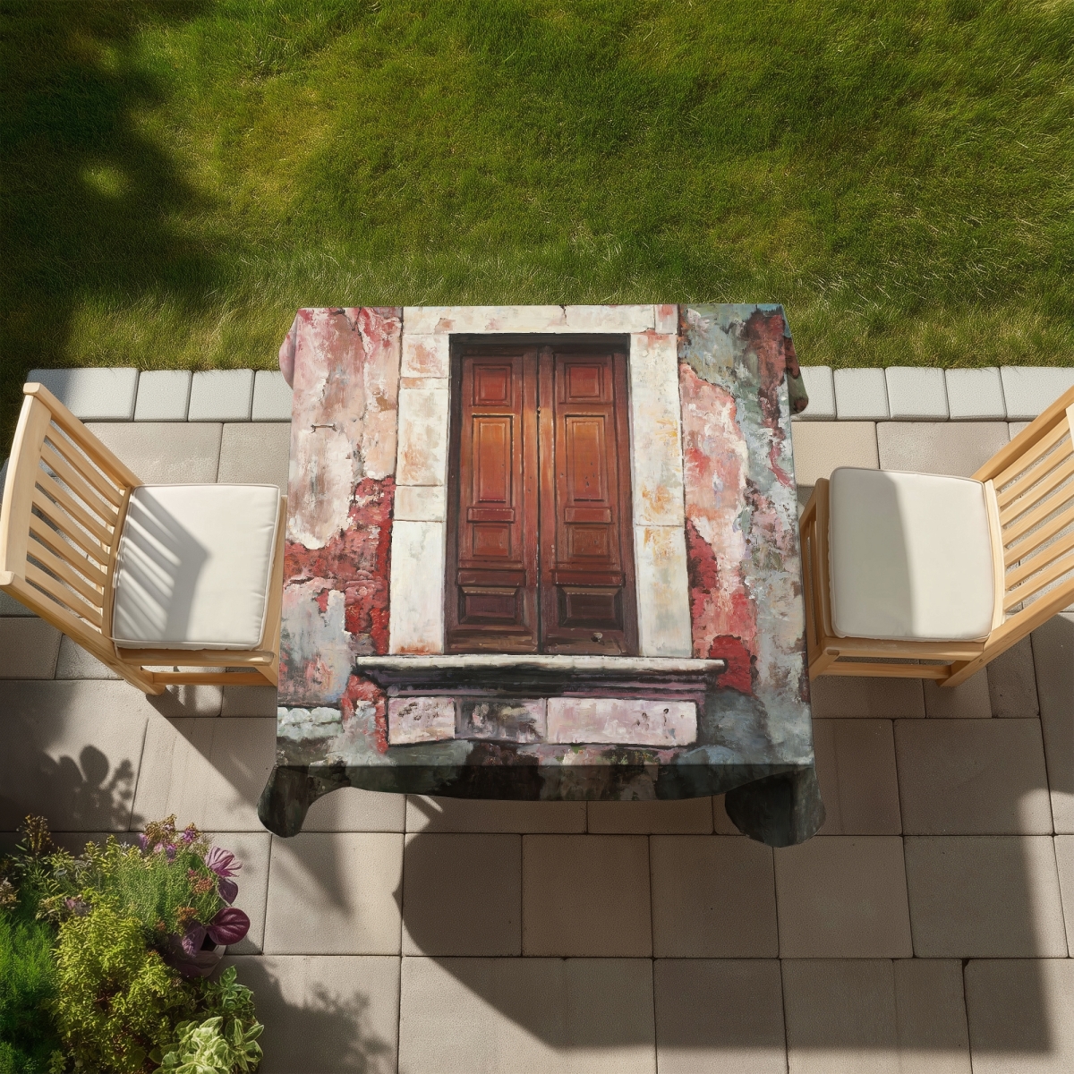 Picture of Begin Home Decor C1TC5858W4ACL4 58 x 58 in. Still Life Tablecloth - Door of An Old Red Building - Home Decor