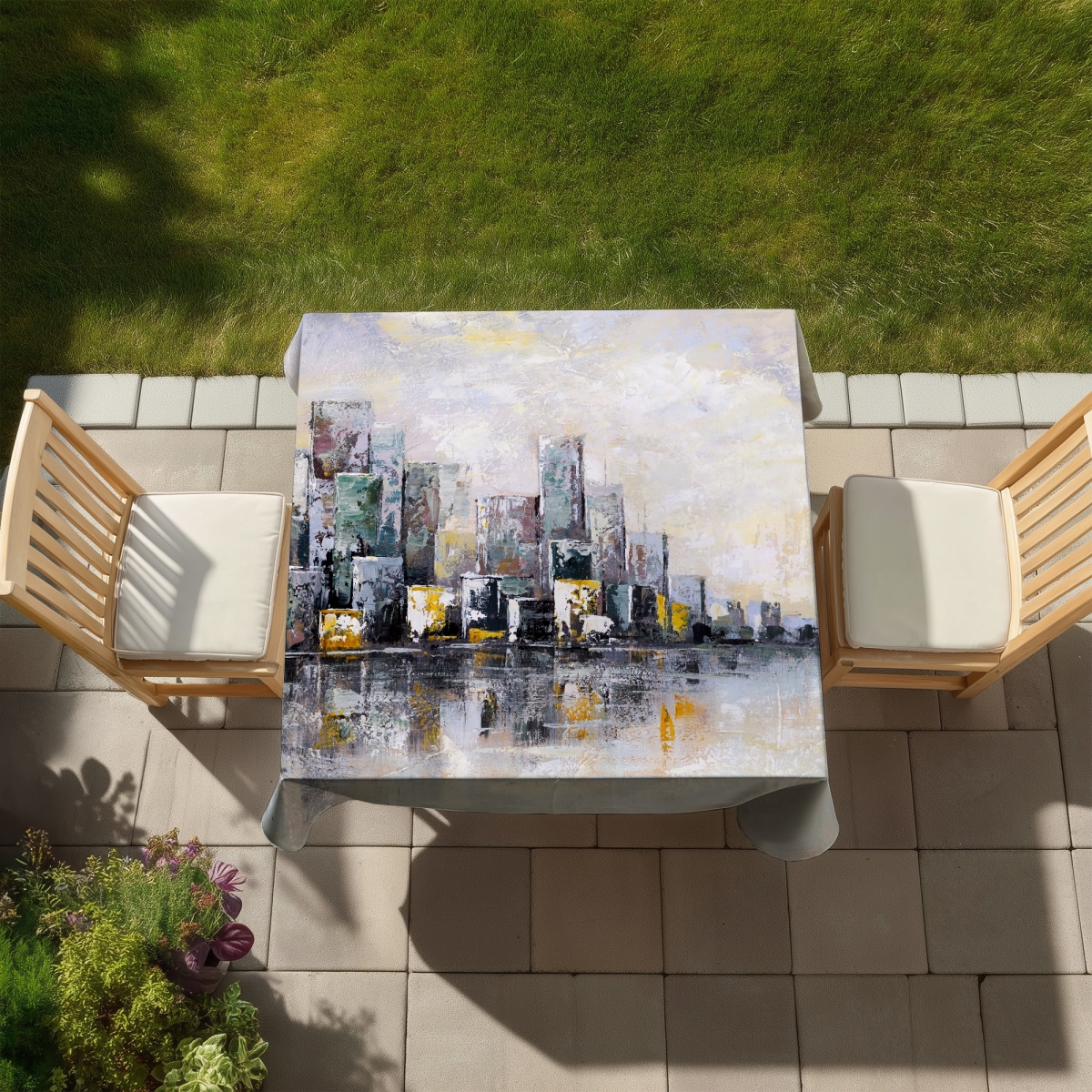 Picture of Begin Home Decor C1TC58585NWHFZ 58 x 58 in. Abstract Cityscape Tablecloth - Blue Bedroom Indoor & Outdoor Decor