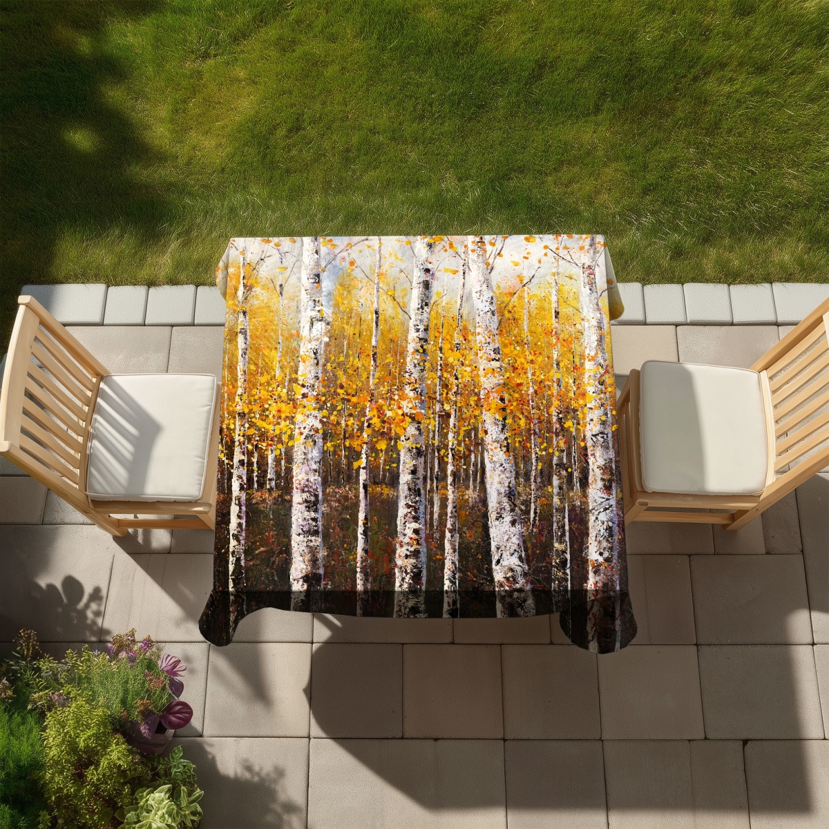 Picture of Begin Home Decor C1TC58584HNP0G 58 x 58 in. Contemporary Orange Landscape Tablecloth - Birches by Sunny Day