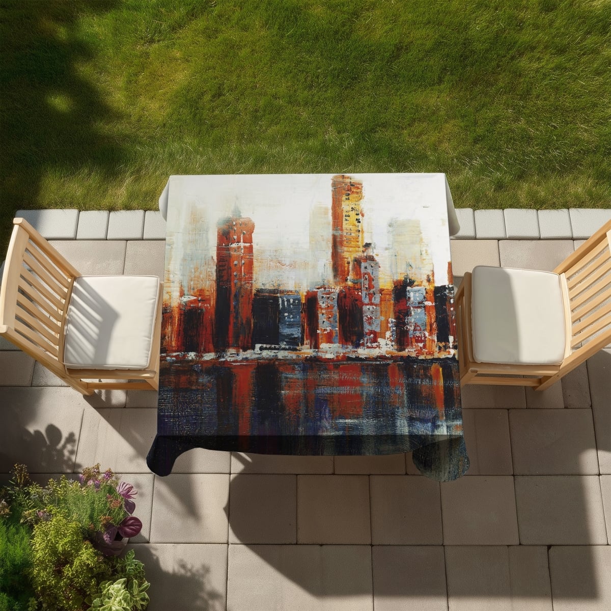 Picture of Begin Home Decor C1TC5858THDDDH 58 x 58 in. Abstract Red Cityscape Tablecloth - Indoor & Outdoor Home Decor