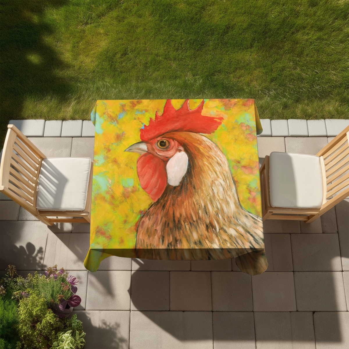 Picture of Begin Home Decor C1TC5858GTZHTL 58 x 58 in. Colorful Chicken Yellow Tablecloth - Indoor & Outdoor Home Decor
