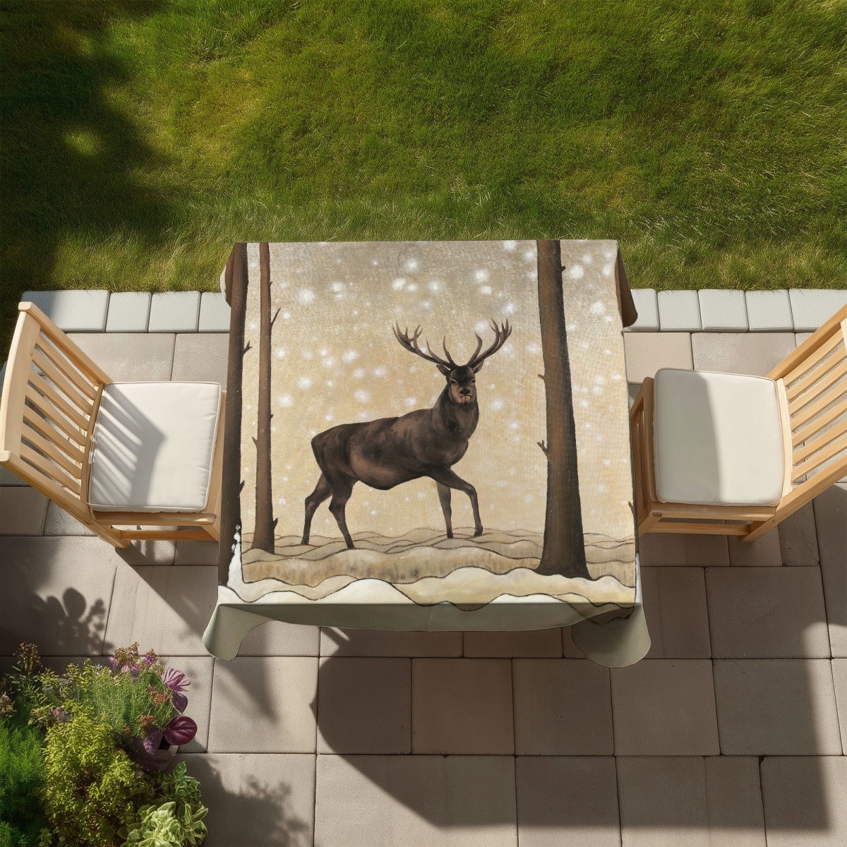 Picture of Begin Home Decor C1TC5858R2WG5S 58 x 58 in. Rustic Deer Tablecloth - Roe Deer Winter Landscape Decor