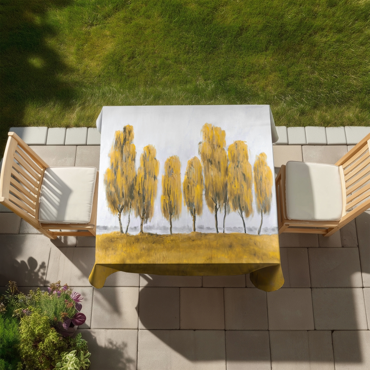 Picture of Begin Home Decor C1TC5858FSN1SS 58 x 58 in. Seven Abstract Yellow Trees Tablecloth - Indoor & Outdoor Decor