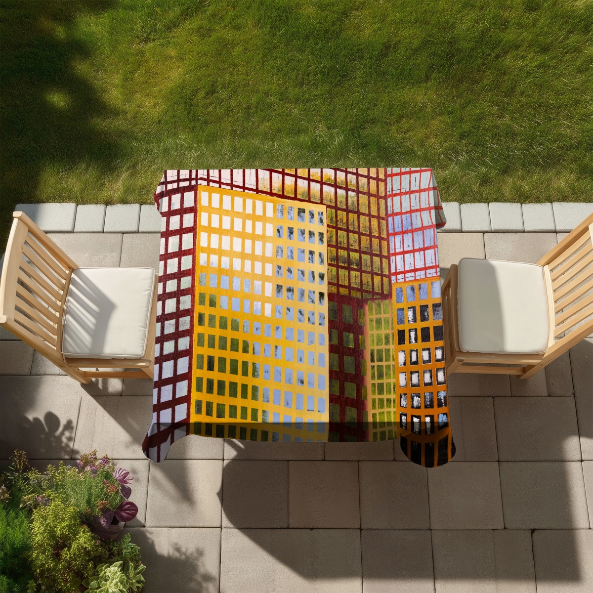 Picture of Begin Home Decor C1TC58582FZ8Z5 58 x 58 in. Yellow Shapes Skyscrapers Tablecloth - Indoor & Outdoor Decor