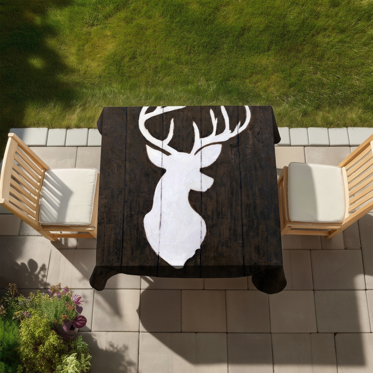Picture of Begin Home Decor C1TC5858A06YAP 58 x 58 in. White Deer on Wood Tablecloth - Rustic Animal Decor - Indoor & Outdoor