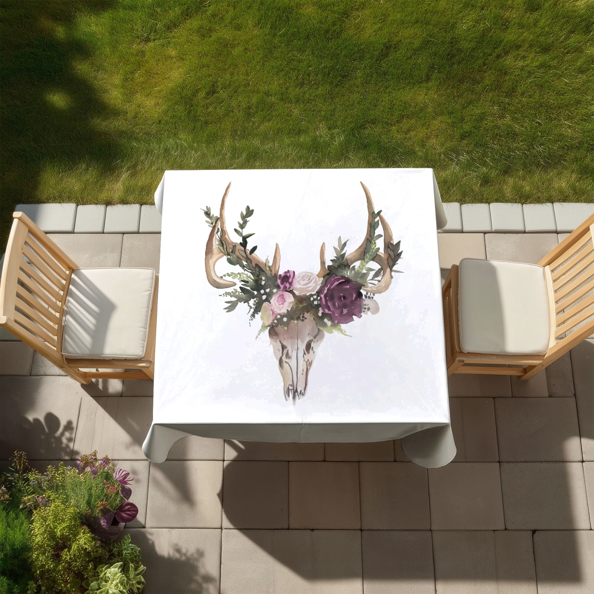 Picture of Begin Home Decor C1TC5858T8U7G4 58 x 58 in. Rustic Deer Skull with Flowers Tablecloth - Indoor & Outdoor Decor