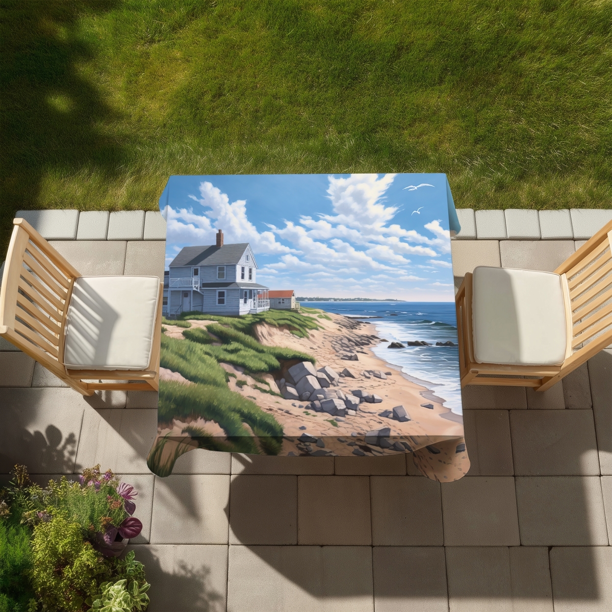 Picture of Begin Home Decor C1TC5858CM0HWC 58 x 58 in. Sea View Tablecloth - Contemporary Coastal Decor - Indoor & Outdoor