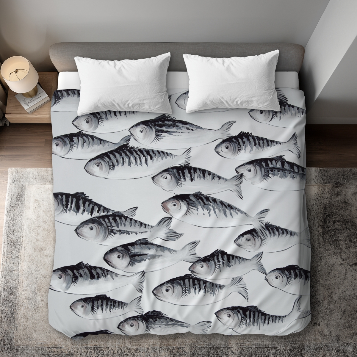 C1DCKSW01HVCAI Gray School of Fish King Size Duvet Cover - Monochrome Animals Decor