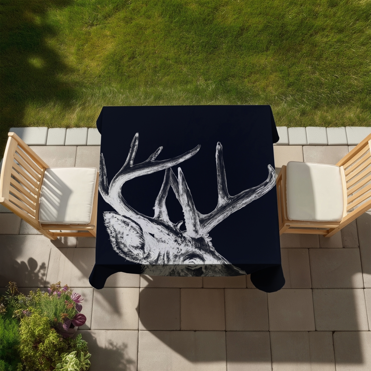 Picture of Begin Home Decor C1TC58585KTXVA 58 x 58 in. Blue Roe Deer Plume Rustic Tablecloth - Indoor & Outdoor Decor