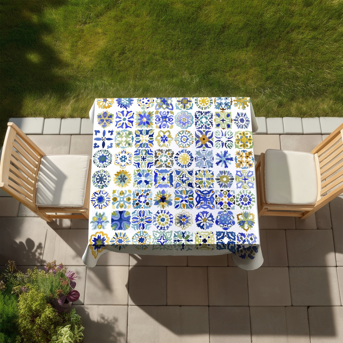 Picture of Begin Home Decor C1TC5858BJ9L6R 58 x 58 in. Watercolor Moroccan Tile Tablecloth - Blue Shapes Decor