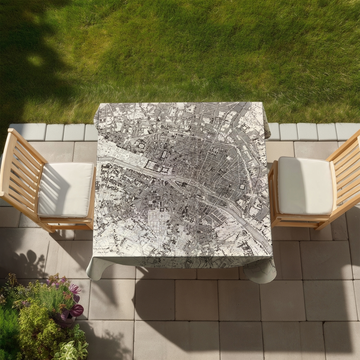 Picture of Begin Home Decor C1TC5858ANKR7M 58 x 58 in. Paris Blue Prints Beige Tablecloth - Indoor Outdoor Decor
