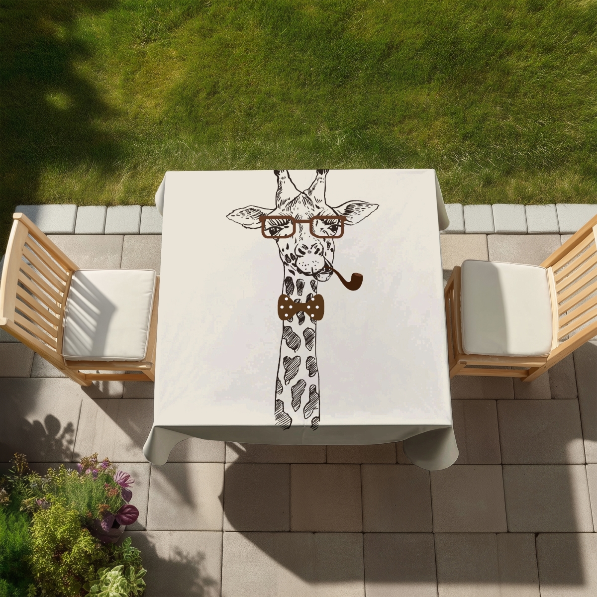 Picture of Begin Home Decor C1TC5858TIJB0R 58 x 58 in. Funny Giraffe Pipe Tablecloth - Brown Animal Decor - Indoor & Outdoor