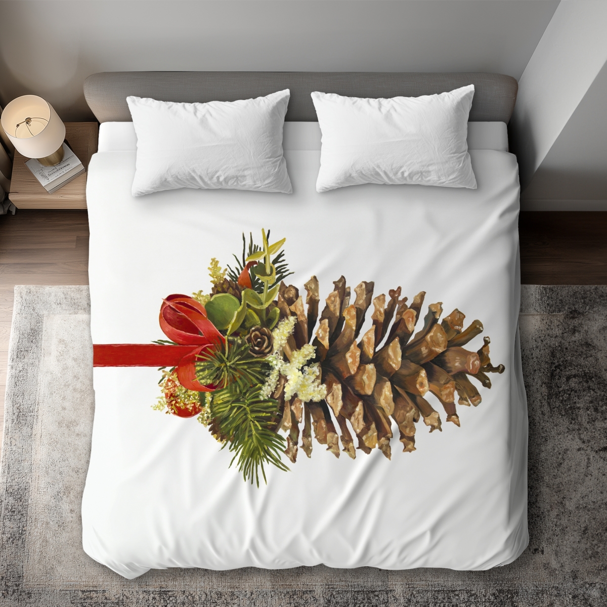 C1DCKSW0ALZUWF Christmas Pine Cone Rustic King Size Duvet Cover - White Back