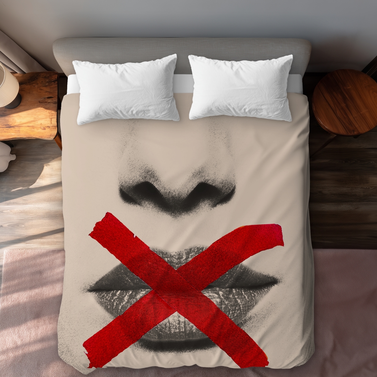 C1DCQSW0IBI7AV Grayscale Lips with Red X Modern Beige Queen Size Duvet Cover