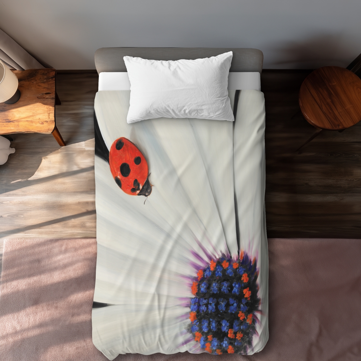 C1DCTSW02VHFAJ White Daisy & Ladybug - Romantic Red Twin Size Duvet Cover - Home Decor