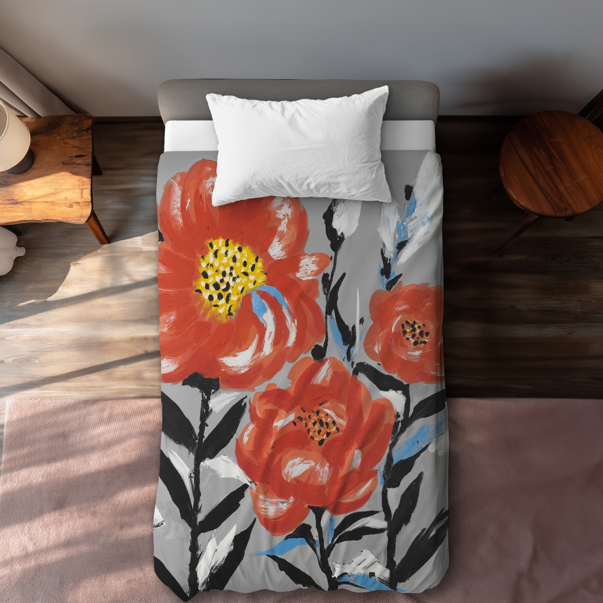 C1DCTSW0V0RKNL Pink Flowers with Blue Leaves Twin Size Duvet Cover - Floral Home Decor