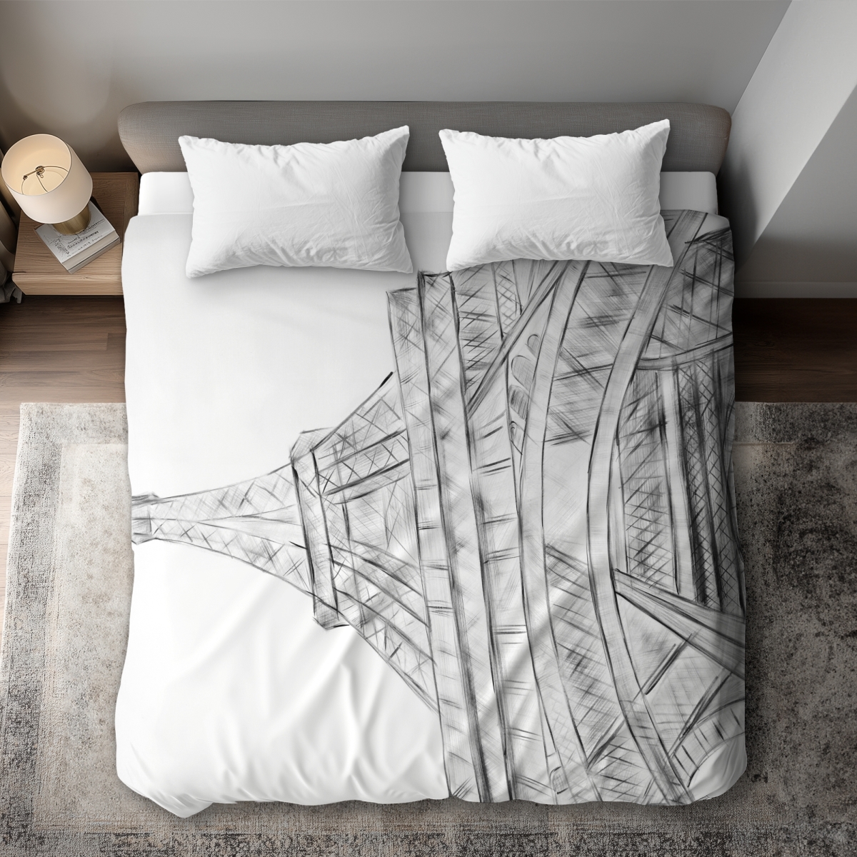 C1DCKSW0ENBE5V Eiffel Tower Sketch Black & White King Size Duvet Cover - Home Decor