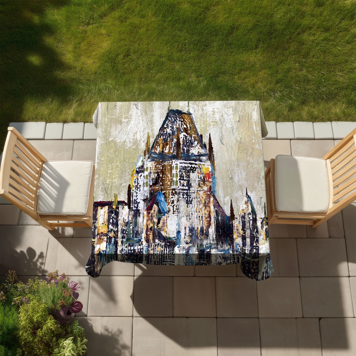 Picture of Begin Home Decor C1TC5858Q2868N 58 x 58 in. Industrial Blue Tablecloth - Abstract Chateau Frontenac Decor