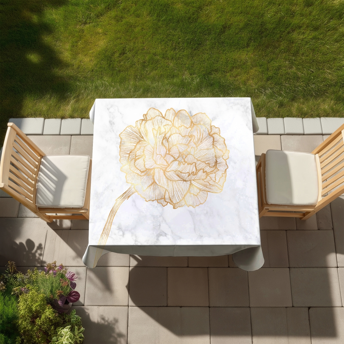 Picture of Begin Home Decor C1TC58581IR5XB 58 x 58 in. Golden Peony White Tablecloth - Indoor & Outdoor Home Decor