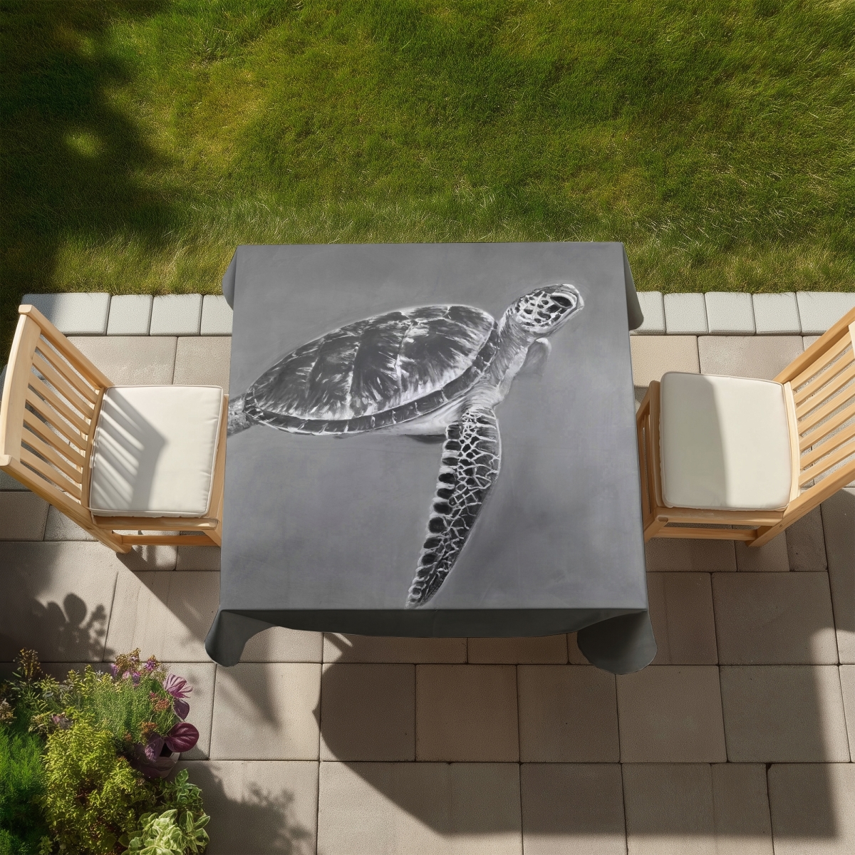 Picture of Begin Home Decor C1TC5858Y4PNIX 58 x 58 in. Grayscale Aquatic Turtle Tablecloth - Indoor & Outdoor Decor